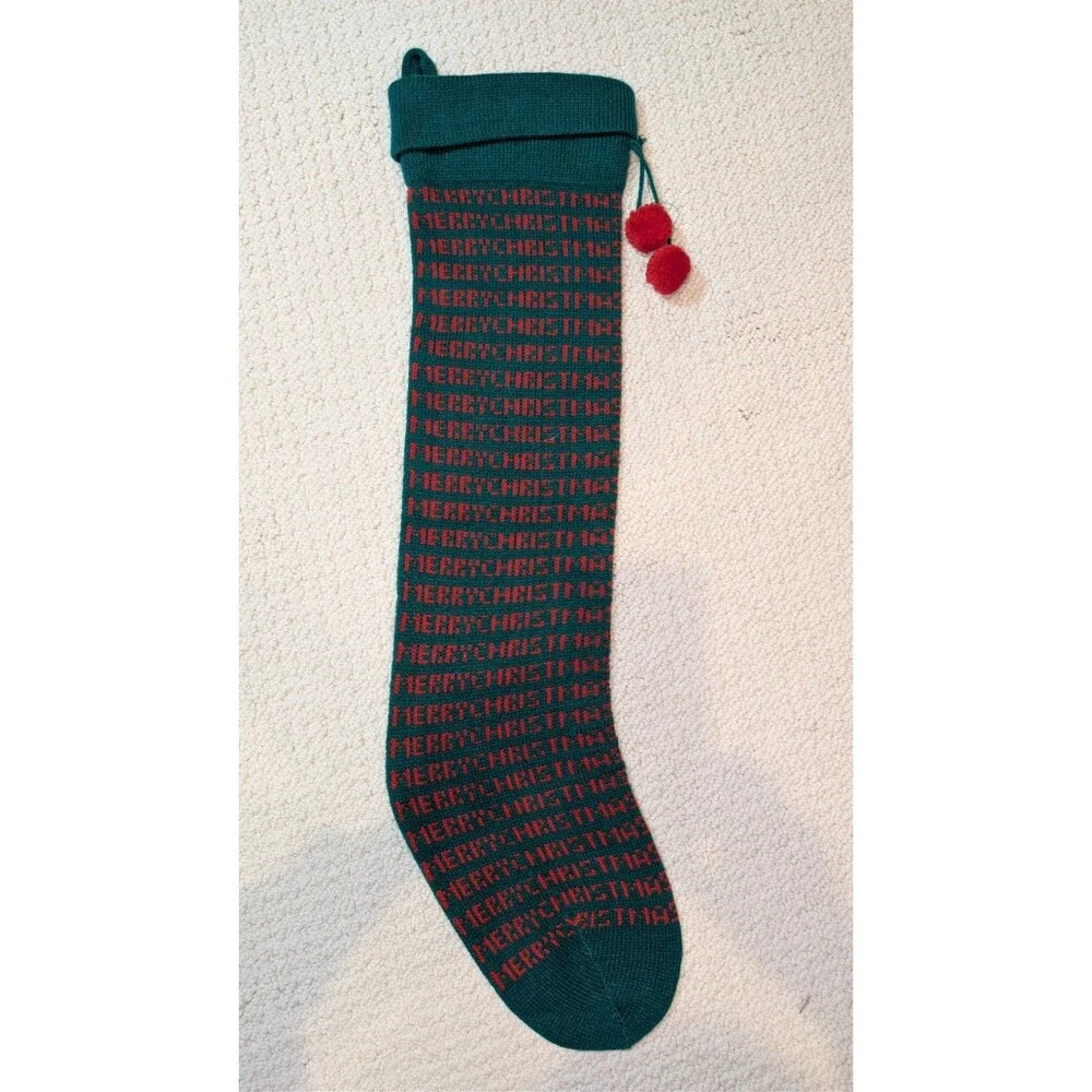 VINTAGE Christmas MERRY CHRIST MAS  Knit Acrylic 25” Stocking Pom Pom Taiwan